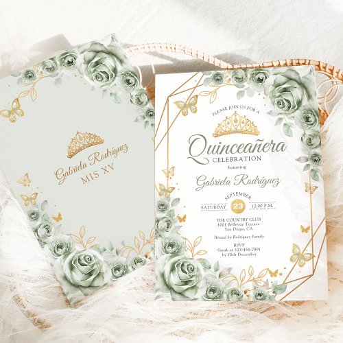 Quinceanera Sage Green Floral Gold Invitation