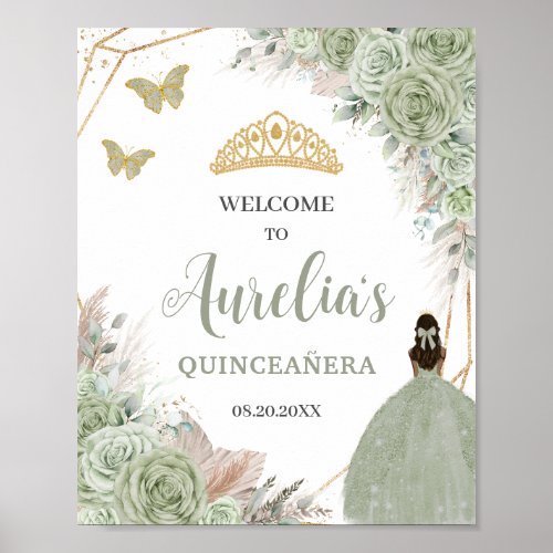 Quinceaera Sage Green Floral Pampas Grass Welcome Poster
