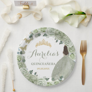 Quinceañera Sage Green Floral Princess Butterflies Paper Plates