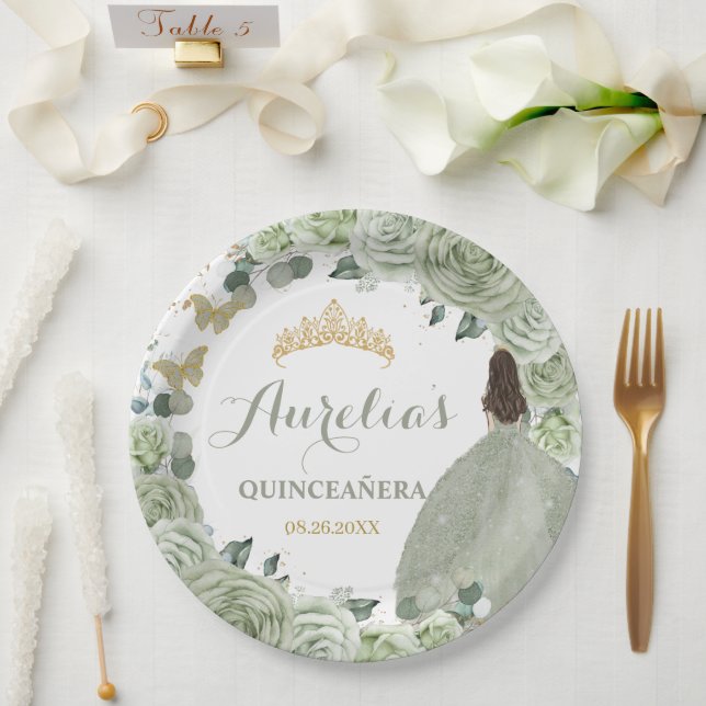 Quinceañera Sage Green Floral Princess Butterflies Paper Plates (Wedding)