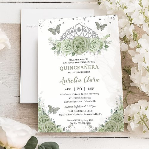 Quinceaera Sage Green Floral Roses Silver Crown Invitation