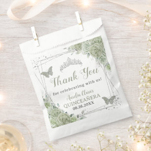 Quinceañera Sage Green Floral Silver Butterflies Favor Bag