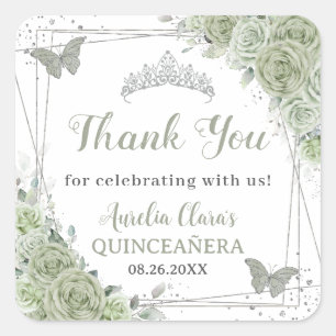 Quinceañera Sage Green Floral Silver Butterflies Square Sticker