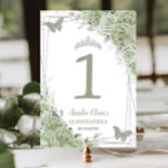 Quinceañera Sage Green Floral Silver Butterflies Table Number<br><div class="desc">Personalize this lovely quinceañera / birthday party table number card easily and quickly, simply press the customize it button to further re-arrange and format the style and placement of the text.  Matching items available in store! (c) The Happy Cat Studio PS: Please place a separate order for each number individually....</div>