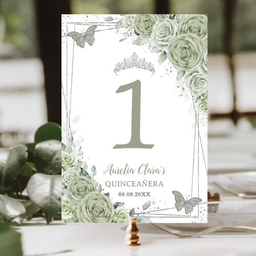 Quinceaera Sage Green Floral Silver Butterflies Table Number