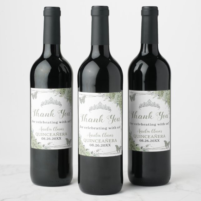 Quinceañera Sage Green Floral Silver Butterflies Wine Label (Bottles)