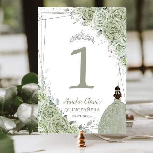 Quinceaera Sage Green Floral Silver Girl Dress Table Number