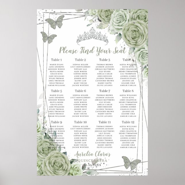 Quinceañera Sage Green Floral Silver Seating Chart (Front)