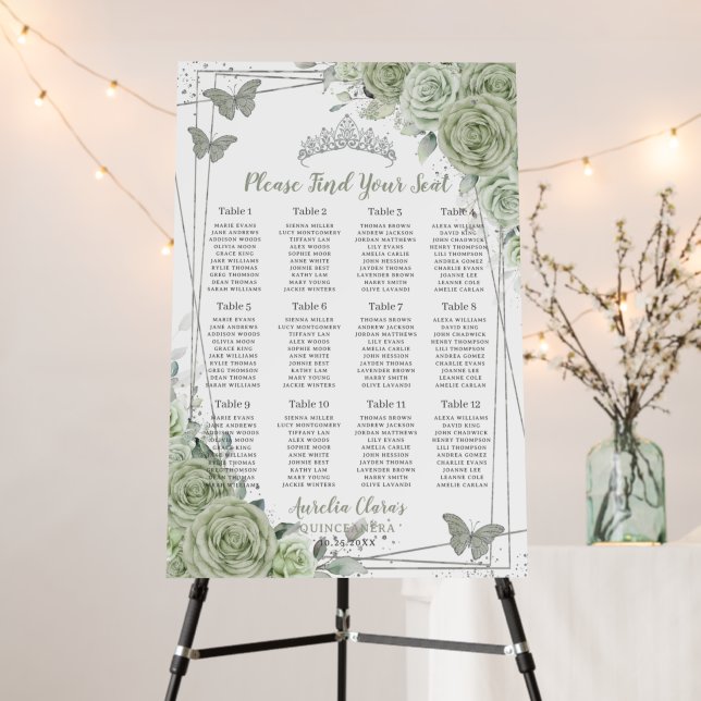 Quinceañera Sage Green Floral Silver Seating Chart Foam Board (In Situ (Stand))