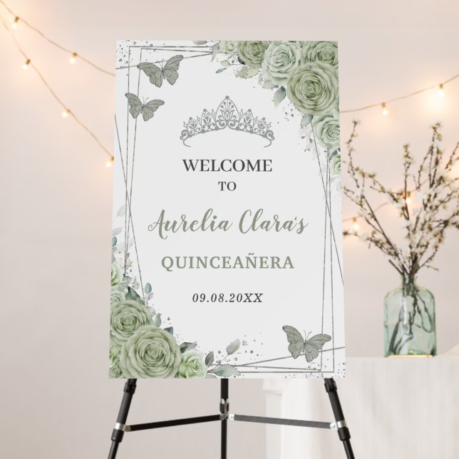 Quinceañera Sage Green Floral Silver Welcome Sign (In Situ (Stand))