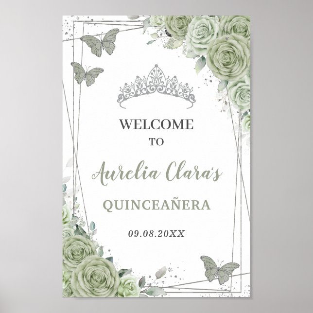 Quinceañera Sage Green Floral Silver Welcome Sign (Front)