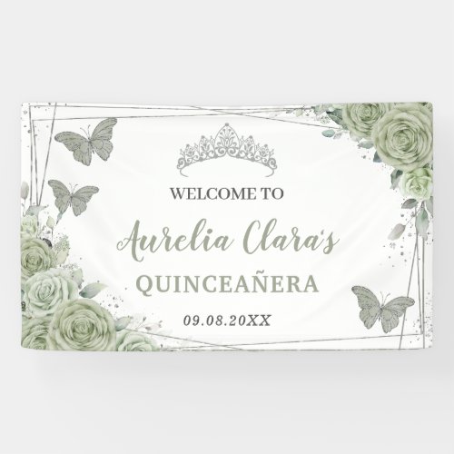 Quinceaera Sage Green Floral Welcome Backdrop Banner