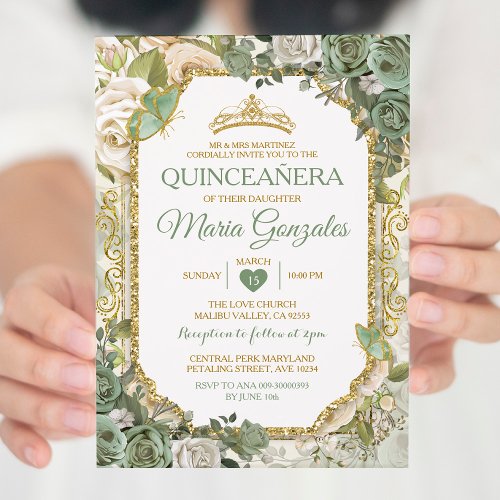 Quinceaera Sage Green  Gold Crown Butterfly Invitation