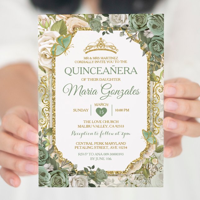 Quinceañera Sage Green & Gold Crown Butterfly Invitation (Creator Uploaded)
