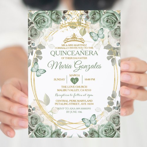 Quinceaera Sage Green  Gold Crown Butterfly Invitation