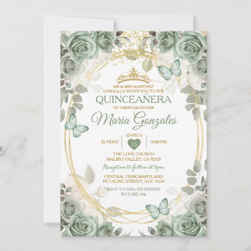 Quinceaera Sage Green  Gold Crown Butterfly Invitation