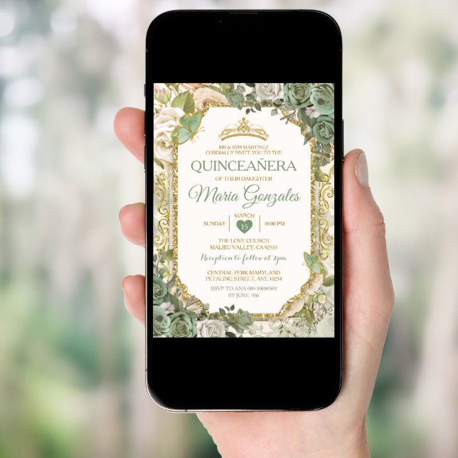 Quinceañera Sage Green & Gold Crown Butterfly Invitation (Front Digital)