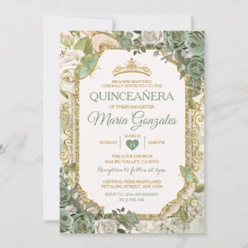 Quinceañera Sage Green & Gold Crown Butterfly Invitation by HappyPartyStudio at Zazzle