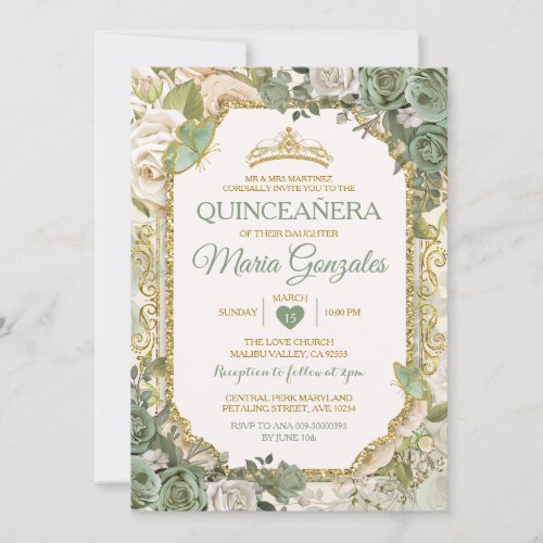 Quinceaera Sage Green  Gold Crown Butterfly Invitation