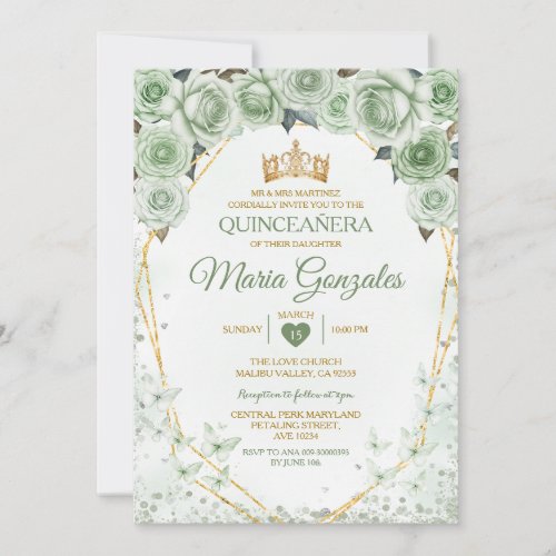 Quinceaera Sage Green Mexican Butterfly Invitation