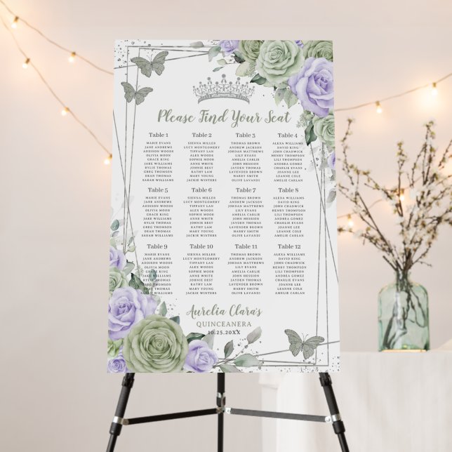 Quinceanera Sage Green Purple Floral Seating Chart Foam Board (In Situ (Stand))