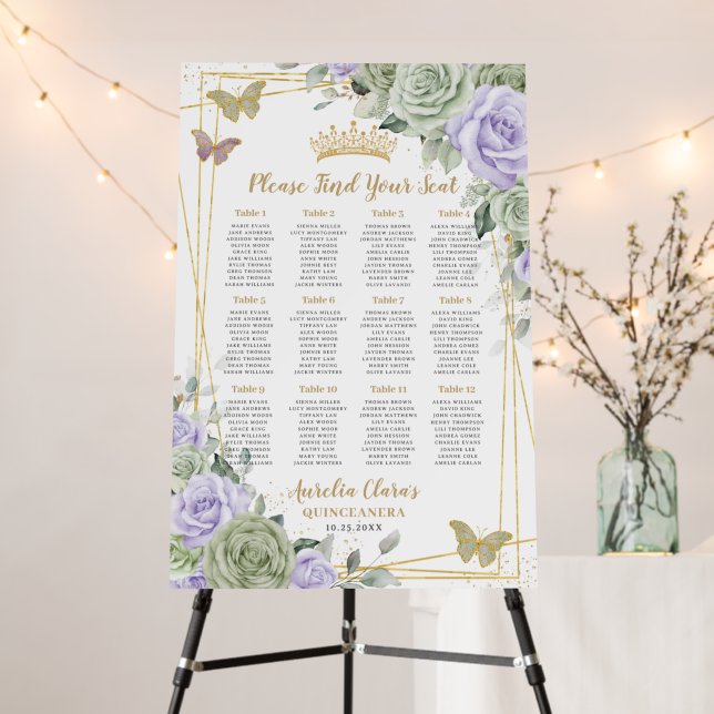 Quinceanera Sage Green Purple Floral Seating Chart Foam Board (In Situ (Stand))