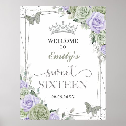 Quinceanera Sage Green Purple Floral Welcome Sign
