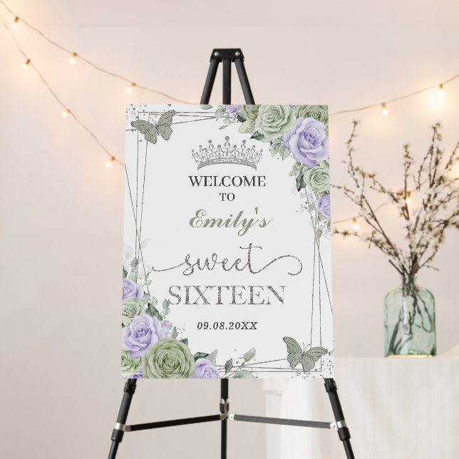 Quinceanera Sage Green Purple Floral Welcome Sign (In Situ (Stand))