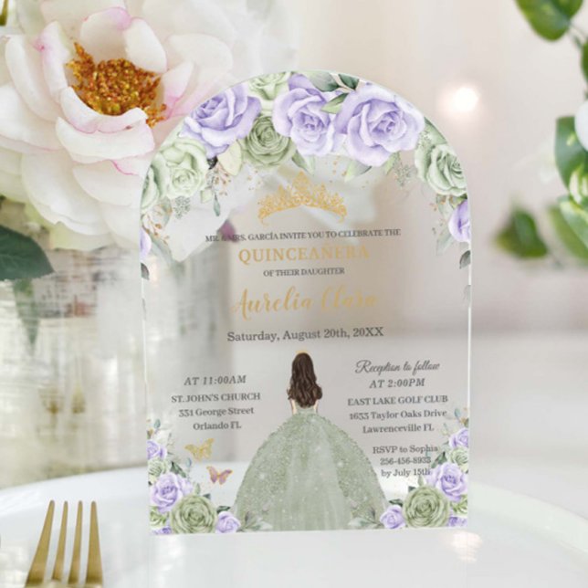 Quinceañera Sage Green Purple Lilac Floral Arch Acrylic Invitations (Creator Uploaded)