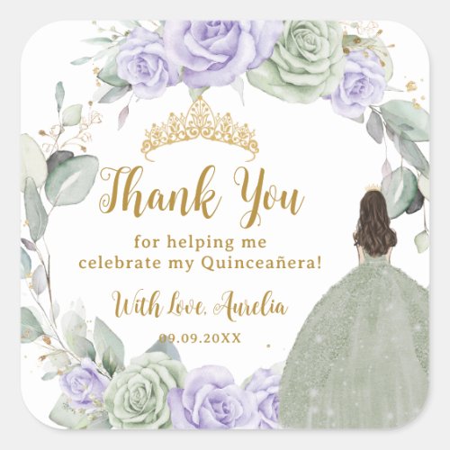 Quinceaera Sage Green Purple Lilac Floral Gold Square Sticker