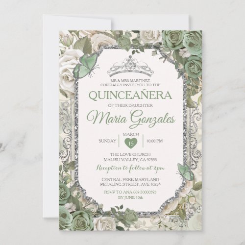 Quinceaera Sage Green  Silver Crown Butterfly Invitation