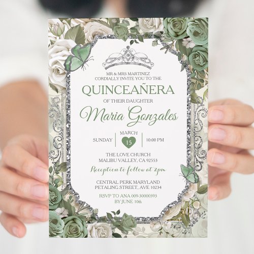 Quinceaera Sage Green  Silver Crown Butterfly Invitation