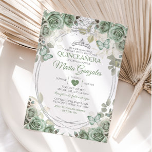 Quinceañera Sage Green & Silver Crown Butterfly Invitation