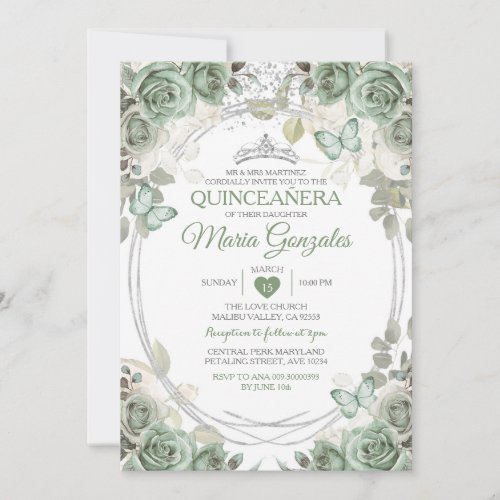 Quinceaera Sage Green  Silver Crown Butterfly Invitation