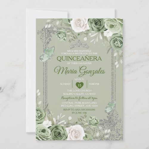 Quinceaera Sage Green Silver Crown Butterfly Invitation