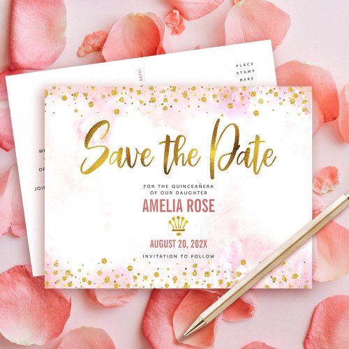 Quinceaera Save Date Blush Pink Watercolor Gold Invitation Postcard