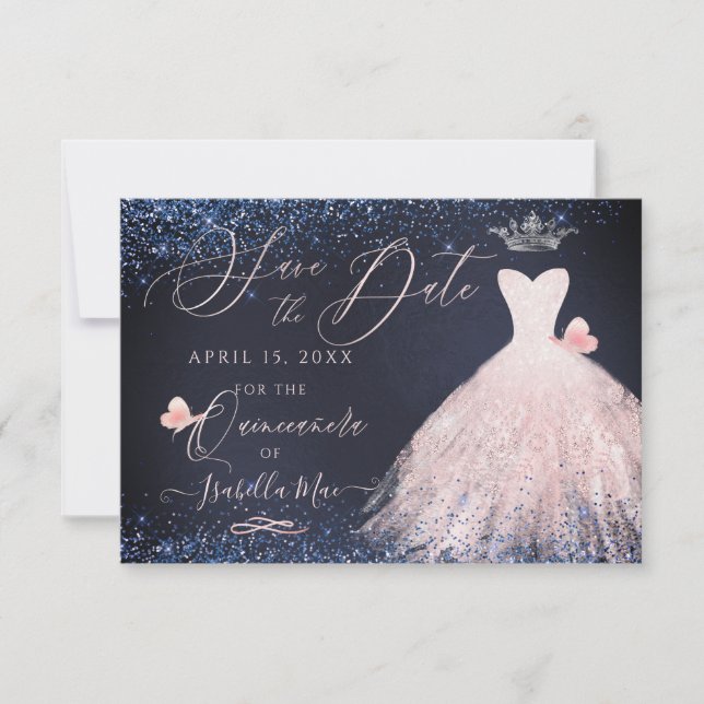 Quinceanera Save Date Butterfly Blush Gown Navy Invitation (Front)