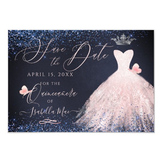 Quinceanera Save Date Butterfly Blush Gown Navy Invitation Zazzle com
