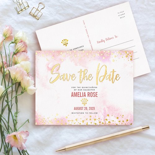 Quinceaera Save Date Crown Blush Pink Real Gold Foil Invitation Postcard