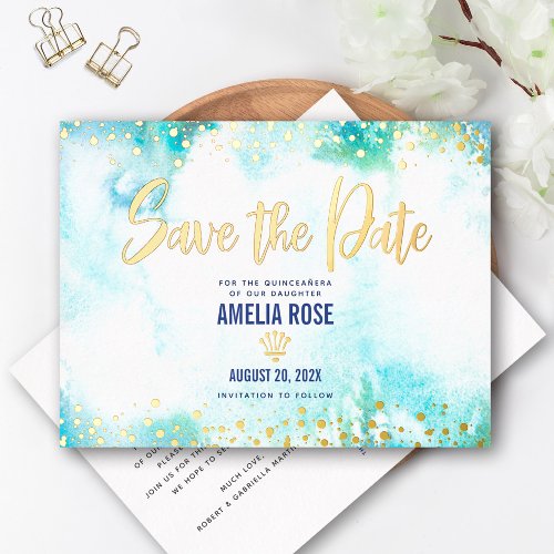 Quinceaera Save Date Crown Turquoise Real Gold Foil Invitation Postcard