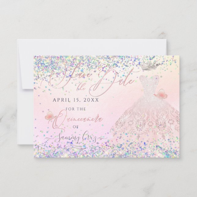 Quinceanera Save Date Holographic Confetti  Invita Invitation (Front)