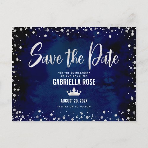 Quinceaera Save Date Navy Silver Glitter Crown Invitation Postcard