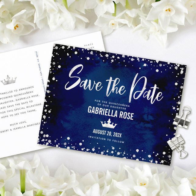 Quinceañera Save Date Navy Silver Glitter Crown Invitation Postcard (Creator Uploaded)