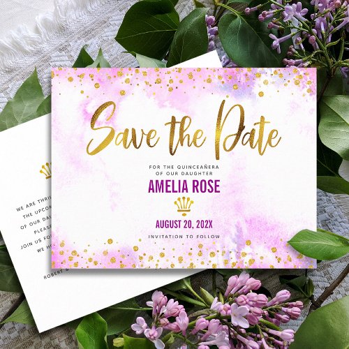 Quinceaera Save Date Pink Watercolor Gold Foil Invitation Postcard