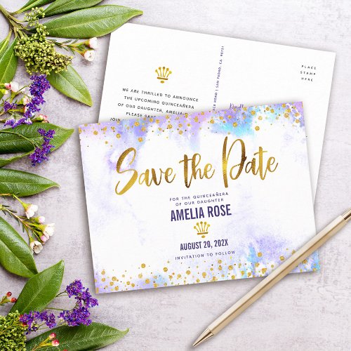 Quinceaera Save Date Purple Watercolor Gold Foil Invitation Postcard