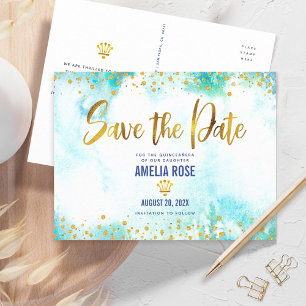 Quinceañera Save Date Turquoise Watercolor Gold Invitation Postcard