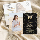 Quinceañera Save the Date 2 Photo Black and Gold Invitation Postcard<br><div class="desc">Share the joyful news of an upcoming Quinceañera celebration with chic modern 2 photo save the date postcard invitations. The pictures and all wording on this template are simple to personalize. The colors, font styles and overlay opacity can be easily customized with the Zazzle Design Editor tool. The black and...</div>