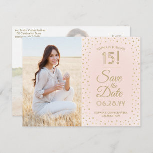 Quinceañera Save the Date 2 Photo Blush Pink Gold Invitation Postcard