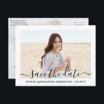 Quinceañera Save the Date 2 Photo Elegant Script Announcement Postcard<br><div class="desc">Share the joyful news of an upcoming Quinceañera celebration with chic 2 photo save the date postcard invitations. The pictures and all wording on this template are simple to personalize. The colors, font styles and overlay opacity can be easily customized with the Zazzle Design Editor tool. The modern minimalist black...</div>