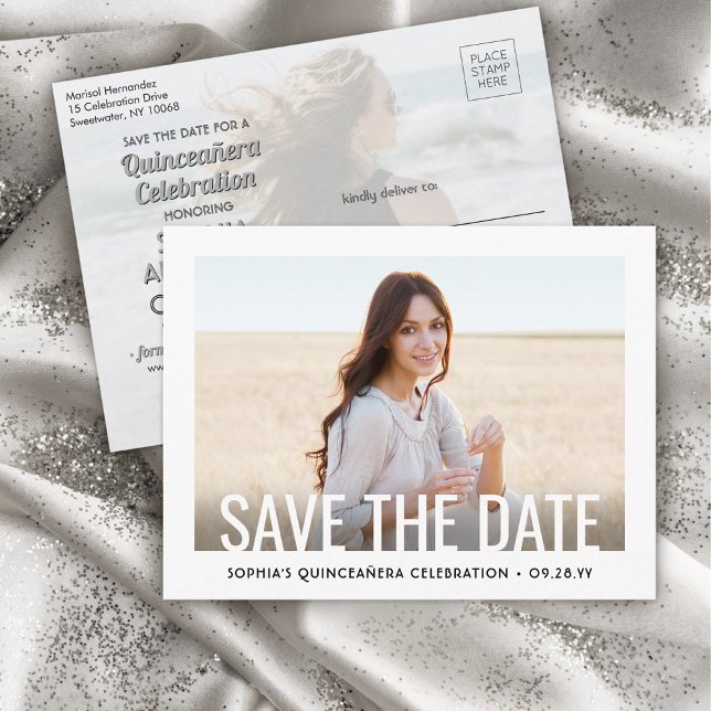 Quinceañera Save the Date 2 Photo Minimalist Announcement Postcard (Creator Uploaded)